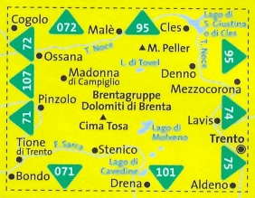 immagine di mappa topografica mappa topografica n.73 - Dolomiti di Brenta, Madonna di Campiglio, Pinzolo, Andalo, Molveno, Fai della Paganella, Lago di Molveno, Trento, Ossana, Stenico, Cles, Mezzocorona, Aldeno, Drena, Bondo, Tione di Trento, Cogolo - con informazioni turistiche, sentieri CAI, percorsi panoramici e parchi naturali - mappa plastificata, compatibile con GPS + mappa panoramica