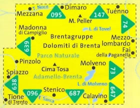 immagine di mappa topografica mappa topografica n.073 - Dolomiti di Brenta - Parco Naturale Adamello-Brenta, Cima Tosa, Pinzolo, Madonna di Campiglio, Lago di Tovel, Lago di Molveno, Mezzolombardo,  M. Peller, Mezzana, Tione di Trento - mappa plastificata, compatibile con GPS