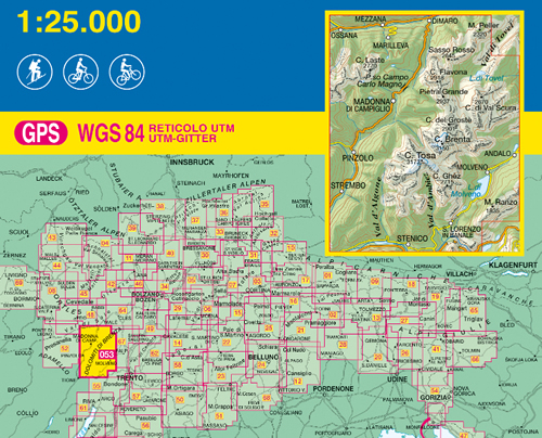 immagine di mappa topografica mappa topografica n.053 - Dolomiti di Brenta - con Pinzolo, Val Nambrone, Madonna di Campiglio, Dimaro, Lago di Tovel, Andalo, Molveno, S.Lorenzo in Banale - con reticolo UTM compatibile con GPS - nuova edizione