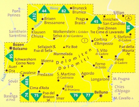 immagine di mappa topografica mappa topografica DOLOMITI - set di 4 mappe escursionistiche, compatibili con sistemi GPS - con sentieri, rifugi, percorsi panoramici e vie ferrate - n.672 Kompass - nuova edizione