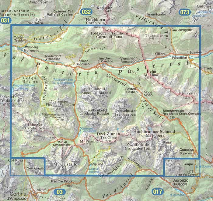 immagine di mappa topografica mappa topografica n.010 - Dolomiti di Sesto / Sextener Dolomiten - Val Pusteria, Tre Cime, Croda dei Toni, Lago di Misurina, Cimabanche, P. di Vallandro, Villabassa, Dobbiaco, S. Candido, Corno di Fana, Sillian, Sesto, Passo M. Croce Comelico, Padola, Kartitsch, Misurina, M. Cristallo - con reticolo UTM compatibile con GPS - impermeabile, antistrappo, plastic-free, eco-friendly - EDIZIONE Luglio 2023
