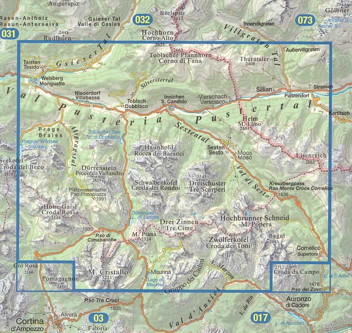 immagine di mappa topografica mappa topografica n.010 - Dolomiti di Sesto / Sextener Dolomiten - Val Pusteria, Tre Cime, Croda dei Toni, Lago di Misurina, Cimabanche, P. di Vallandro, Villabassa, Dobbiaco, S. Candido, Corno di Fana, Sillian, Sesto, Passo M. Croce Comelico, Padola, Kartitsch, Misurina, M. Cristallo - con reticolo UTM compatibile con GPS - impermeabile, antistrappo, plastic-free, eco-friendly - EDIZIONE 2024
