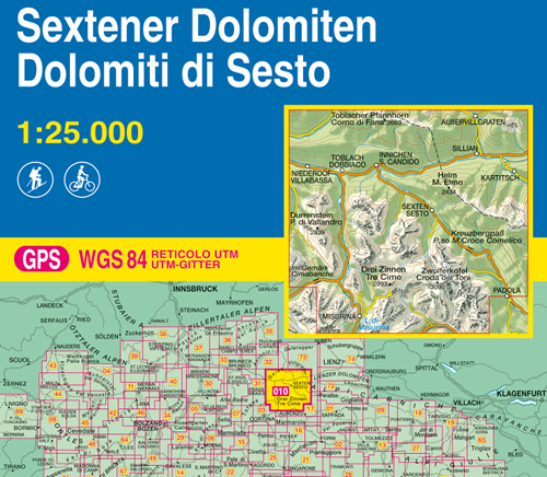 immagine di mappa topografica mappa topografica n.010 - Dolomiti di Sesto / Sextener Dolomiten - Tre Cime, Croda dei Toni, Lago di Misurina, Cimabanche, P. di Vallandro, Villabassa, Dobbiaco, S. Candido, Corno di Fana, Sillian, Sesto, Passo M. Croce Comelico, Padola, Kartitsch, Misurina - con reticolo UTM compatibile con sistemi GPS - nuova edizione