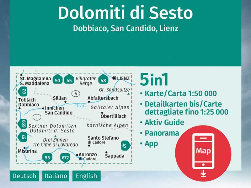 immagine di mappa topografica mappa topografica Dolomiti di Sesto / Sexter Dolomiten, Dobbiaco / Toblach, San Candido / Innichen, Lienz, Sillian, S. Maddalena, Villgrater / Berge, Gr. Sandspitze, Misurina, Tre Cime di Lavaredo, Auronzo di Cadore, Sappada, Alpi Carniche, Obertilliach - mappa Kompass n.58 - mappa escursionistica, plastificata, compatibile con GPS + mappa panoramica - EDIZIONE 2024