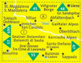 immagine di mappa topografica mappa topografica n.58 - Dolomiti di Sesto / Sexter Dolomiten, Dobbiaco / Toblach, San Candido / Innichen, Lienz, Sillian, S. Maddalena, Villgrater / Berge, Gr. Sandspitze, Misurina, Tre Cime di Lavaredo, Auronzo di Cadore, Sappada, Alpi Carniche, Obertilliach - mappa plastificata, compatibile con GPS + mappa panoramica
