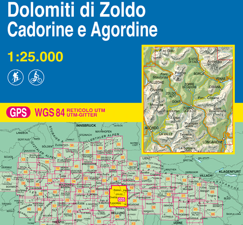 immagine di mappa topografica mappa topografica n.025 - Dolomiti di Zoldo, Cadorine e Agordine - Civetta, Moiazza, Alleghe, Zoldo, Dont, Passo Duran, Tamer, Pramper, Talvena, La Schiara, La Valle, Agordo, Forno di Zoldo, Zoppe di Cadore, Borca, Pelmo, S. Vito di Cadore, Passo Giau, Antelao, Cibiana, Bosconero, Longarone, Venas - con reticolo UTM compatibile con GPS - nuova edizione