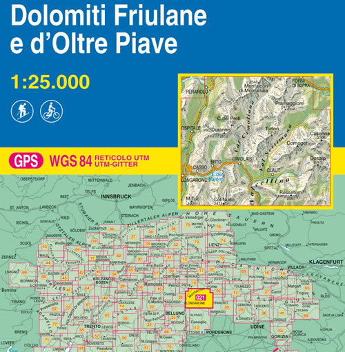 immagine di mappa topografica mappa topografica n.021 - Dolomiti Friulane e d'Oltre Piave - Alta Val Cellina, Val Settimana, Val Cimoliana, Lago del Vajont, Cimolais, Clàut, Erto, Casso, Longarone - con reticolo UTM compatibile con sistemi GPS - nuova edizione