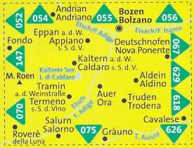 immagine di mappa topografica mappa topografica n.074 - Südtiroler Weinstraße, Unterland / Strada del Vino, Bassa Atesina - Auer/Ora, Caldaro, Tramin, Termeno, Salorno, Appiano, Bolzano, Aldino, Trodena, Cavalese - compatibile con GPS
