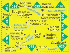 immagine di mappa topografica mappa topografica n.074 - Südtiroler Weinstraße, Unterland / Strada del Vino, Bassa Atesina - Auer/Ora, Caldaro, Tramin, Termeno, Salorno, Appiano, Bolzano, Aldino, Trodena, Cavalese - compatibile con GPS