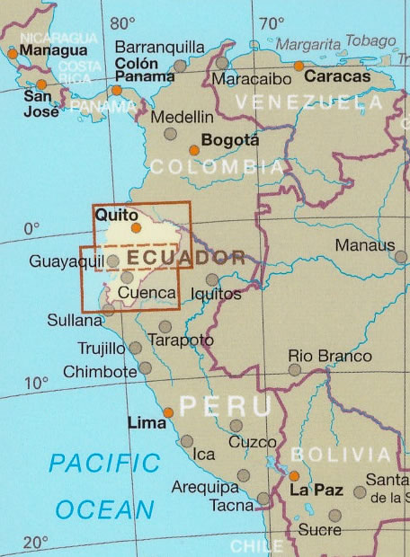 immagine di mappa stradale mappa stradale Ecuador, Isole Galapagos - con Guayaquil, Quito, Cuenca, Santo Domingo, Machala, Durán, Portoviejo, Manta, Loja, Ambato, Esmeraldas, Quevedo, Riobamba, Milagro, Ibarra, La Libertad, Babahoyo, Sangolquí, Daule, Latacunga - mappa stradale - impermeabile e antistrappo - con parchi, spiagge, riserve naturali, luoghi panoramici - nuova edizione