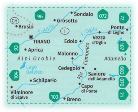immagine di mappa topografica mappa topografica n.94 - Edolo, Aprica, Ponte di Legno, Val Camonica, Tirano, Lago Belviso, Breno, Capo di Ponte, Malonno, Saviore, Gruppo dell' Adamello, Vezza d' Oglio, Lago d' Arno - con sentieti CAI, percorsi per MTB, vie ferrate, itinerari per sci e alpinismo - mappa plastificata, compatibile con sistemi GPS