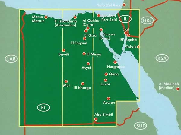 immagine di mappa stradale mappa stradale Egitto - mappa stradale - con Il Cairo, Giza, Assuan, Luxor, Valle dei Re, Alessandria, Sharm el-Sheikh, Hurghada, il Sinai, il Nilo, Abu Simbel, Shubra El- Kheima, Porto Said, Suez, Edfu, oasi del Fayyum, il Mar Rosso - edizione Dicembre 2022