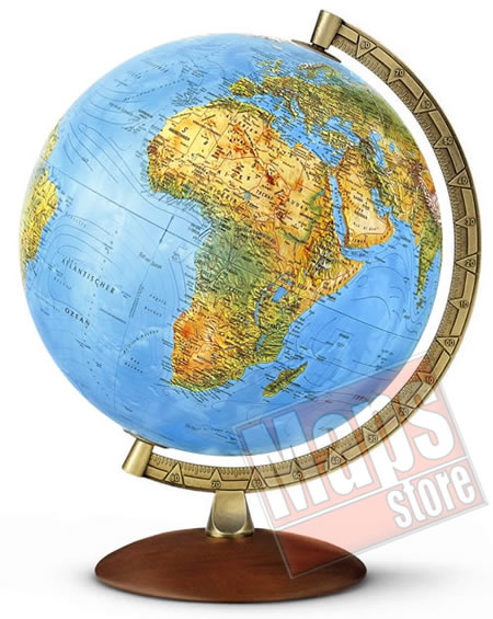 immagine di globo geografico globo geografico Elegante globo geografico da tavolo - luminoso, fisico e politico - con meridiano in metallo e robusta base in legno - diametro 30 cm