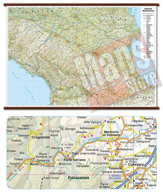 immagine di mappa murale mappa murale Emilia Romagna - mappa murale con cartografia dettagliata ed aggiornata - plastificata, con eleganti aste in legno - 119 x 72 cm - edizione 2021
