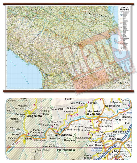 immagine di mappa murale mappa murale Emilia Romagna - mappa murale con cartografia dettagliata ed aggiornata - plastificata, con eleganti aste in legno - 119 x 72 cm - nuova edizione