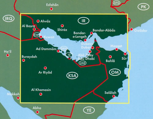 immagine di mappa stradale mappa stradale Emirati Arabi / UAE, Golfo Persico, Qatar, Bahrain, Kuwait, Oman, Sud dell'Iran, SudEst dell'Arabia Saudita - con Abu Dhabi, Dubai, Al-Ain, Sharjah, Fujairah, Doha, Riyad, Al Kharj, Ad Dammam, Al Manama, Sur, Bahla, Salalah