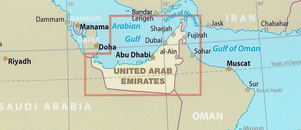 immagine di mappa stradale mappa stradale Emirati Arabi (U.A.E.) - con le mappe delle città di Dubai e Abu Dhabi - mappa stradale, impermeabile e antistrappo - con oasi, spiagge e luoghi panoramici - EDIZIONE 2026