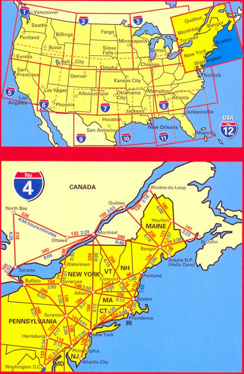 immagine di mappa stradale mappa stradale n.4 - New England, Atlantic NorthEast - con New York, Washington DC, Philadelphia, Atlantic City, Boston, Providence, Acadia, Cape Cod, Maine, Pennsylvania - con cartografia aggiornata, dettagliata e facile da leggere + guida stradale