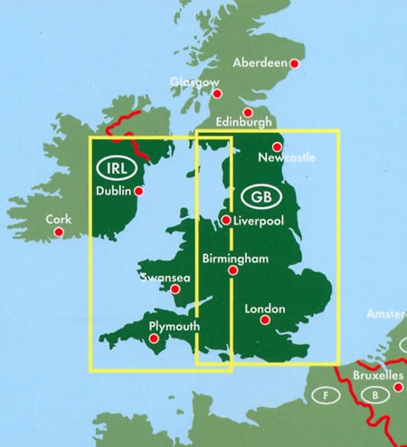 immagine di mappa stradale mappa stradale England, Wales / Inghilterra, Galles, Cornovaglia - con London/Londra, Birmingham, Liverpool, Newcastle, Swansea, Plymouth, Dublino (Irlanda) - edizione 2023