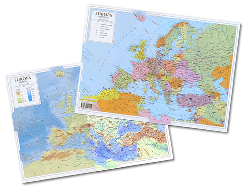 immagine di mappa scolastica mappa scolastica Europa - mappa politica e fisica, plastificata, da scrivania - stampata fronte-retro - 29,5 x 42 cm - edizione 2025