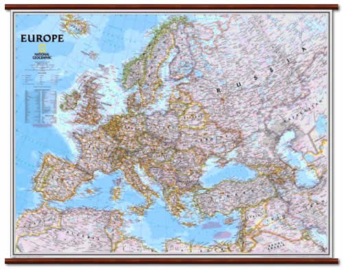 immagine di mappa murale mappa murale Europa - Politica, Plastificata e Laminata con eleganti aste in legno - 120 x 90 cm