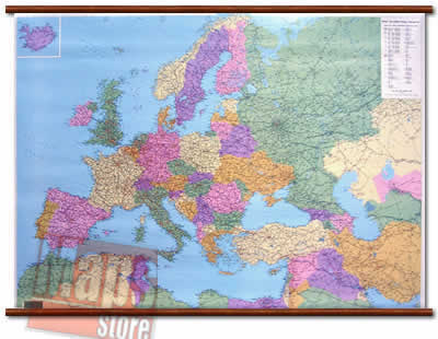 immagine di mappa murale mappa murale Europa (con tutto il Mediterraneo) - mappa murale, plastificata, con aste in legno - cartografia politica, molto dettagliata - 135 x 105 cm
