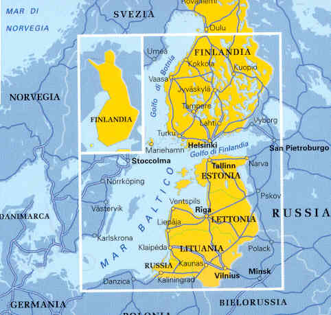 immagine di mappa stradale mappa stradale Finlandia, Estonia, Lettonia, Lituania - con Riga, Vilnius, Tallin, Helsinki