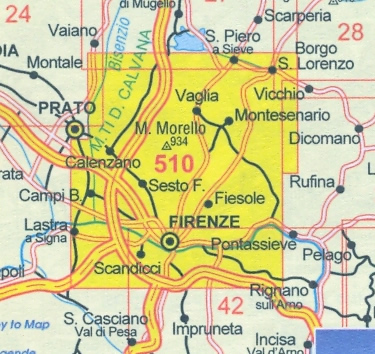 immagine di mappa topografica mappa topografica n.510 - Firenze e dintorni - mappa escursionistica - con Bagno a Ripoli, Fiesole, Monte Morello, Montesenario, Vaglia, Borgo San Lorenzo, Monti della Calvana, Lastra a Signa, Scandicci, Calenzano, Campi Bisenzio, Sesto Fiorentino - nuova edizione