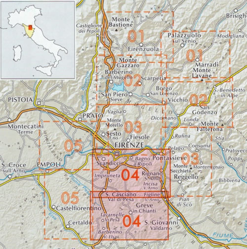 immagine di mappa topografica mappa topografica n.04 - Firenze, Chianti fiorentino, Val di Pesa - Sentieri del Club Alpino Italiano, Cammino di Dante, Anello del Rinascimento, Vie di Francesco, Vie Romee Fiorentine - con Bagno a Ripoli, San Casciano, Impruneta, Greve in Chianti, Tavarnelle, Barberino Val d'Elsa, Rignano sull'Arno, Incisa Valdarno, Figline Valdarno - carta escursionistica dei sentieri - con rifugi, sentieri CAI numerati, sorgenti, cascate, punti panoramici, aree pic-nic e campeggi - EDIZIONE 2020