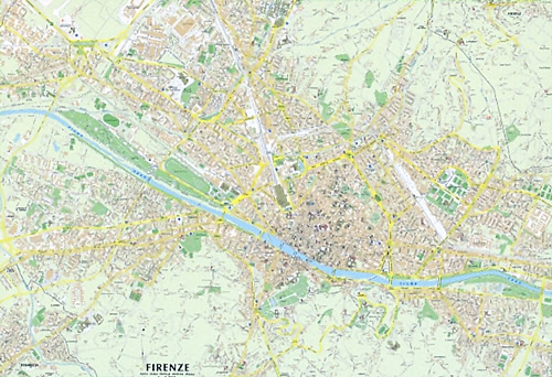 immagine di mappa di città mappa di città Firenze - mappa di città con ingrandimento del centro storico e dei dintorni - con Fiesole, Peretola, Novoli, Careggi, Firenze Nuova, Le Cascine, l'Isolotto, Soffiano, Poggio Imperiale, Badia a Ripoli, il Salviatino - con parcheggi e linee della tramvia - nuova edizione