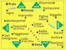 immagine di mappa topografica mappa topografica n.2458 - Firenze, Siena, Chianti, Val di Pesa, Val d'Elsa, Monteriggioni, Impruneta, Dicomano, Pontassieve, Reggello, Figline Valdarno, Greve in Chianti, Tavarnelle, Radda in Chianti, San Gimignano - con informazioni turistiche, sentieri CAI, percorsi panoramici e parchi naturali - mappa plastificata, compatibile con GPS