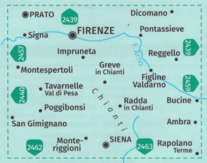 immagine di mappa topografica mappa topografica Firenze, Siena, Chianti, Val di Pesa, Val d'Elsa, Monteriggioni, Impruneta, Dicomano, Pontassieve, Reggello, Figline Valdarno, Greve in Chianti, Tavarnelle, Radda in Chianti, San Gimignano - mappa Kompass n.2458 - con informazioni turistiche, sentieri CAI, percorsi panoramici e parchi naturali - mappa escursionistica plastificata, compatibile con GPS - nuova edizione