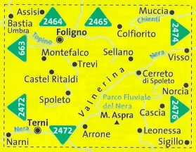 immagine di mappa topografica mappa topografica n.2473 - Foligno, Spoleto, Terni, Valnerina, Norcia, Cascia, Assisi, Colfiorito, Montefalco, Spoleto, Cerreto, Arrone, M. Aspra, Trevi, Castel Ritaldi - mappa plastificata - compatibile con GPS
