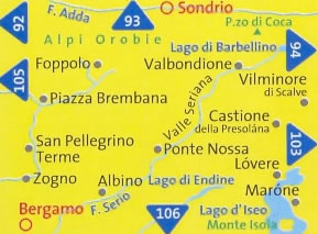 immagine di mappa topografica mappa topografica n.104 - Foppolo, Valle Seriana, San Pellegrino Terme, Marone, Vilminore, Clusone, Valle Brembana, Lago d'Iseo, Bergamo, Zogno, Alpi Orobie, Sondrio, Lovere - con sentieri CAI, percorsi MTB - nuova edizione