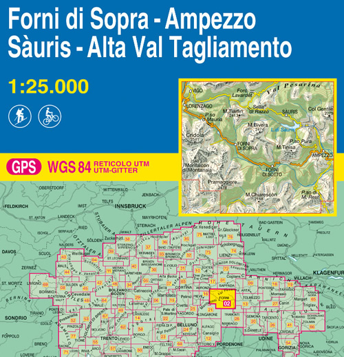 immagine di mappa topografica mappa topografica n.002 - Forni di Sopra, Ampezzo, Sauris, Alta Val Tagliamento - con Passo di Mauria, Cridola, Pramaggiore, Monfalcon di Montanaia, M. Tinisa, M. Bivera, Sella di Razzo, M. Tiarfin, Val Pesarina, Lorenzago, Passo di M. Rest - con reticolo UTM compatibile con GPS
