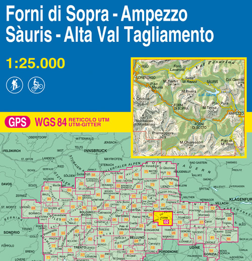 immagine di mappa topografica mappa topografica n.002 - Forni di Sopra, Ampezzo, Sauris, Alta Val Tagliamento - con Passo di Mauria, Cridola, Pramaggiore, Monfalcon di Montanaia, M. Tinisa, M. Bivera, Sella di Razzo, M. Tiarfin, Val Pesarina, Lorenzago, Passo di M. Rest - con reticolo UTM compatibile con GPS - nuova edizione