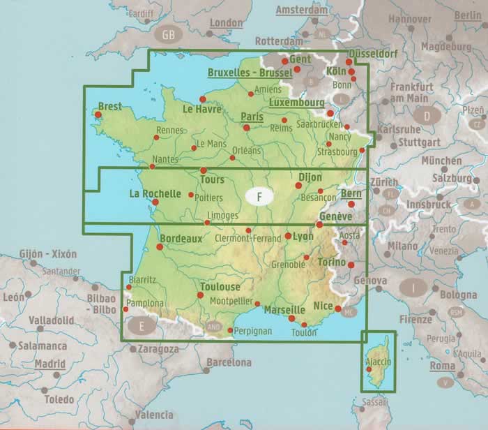 immagine di mappa stradale mappa stradale Francia - con Paris/Parigi, Reims, Nancy, Lille, Le Havre, Caen, Rennes, Brest, Nantes, Orléans, Dijon, Lyon, Limoges, Bordeaux, Grenoble, Avignon, Toulouse, Marseille, Biarritz, Corsica