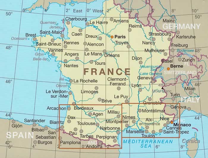 immagine di mappa stradale mappa stradale Francia Sud - mappa stradale - con Nice, Aix-en-Provence, Monaco, Cannes, Saint-Tropez, Toulon, Marseille, Montpellier, Nimes, Millau, Perpignan, Narbonne, Toulouse, Tarbes, Pau, Perpignan, Bordeaux, Agen, Dax, Biarritz, Arcachon - edizione 2023