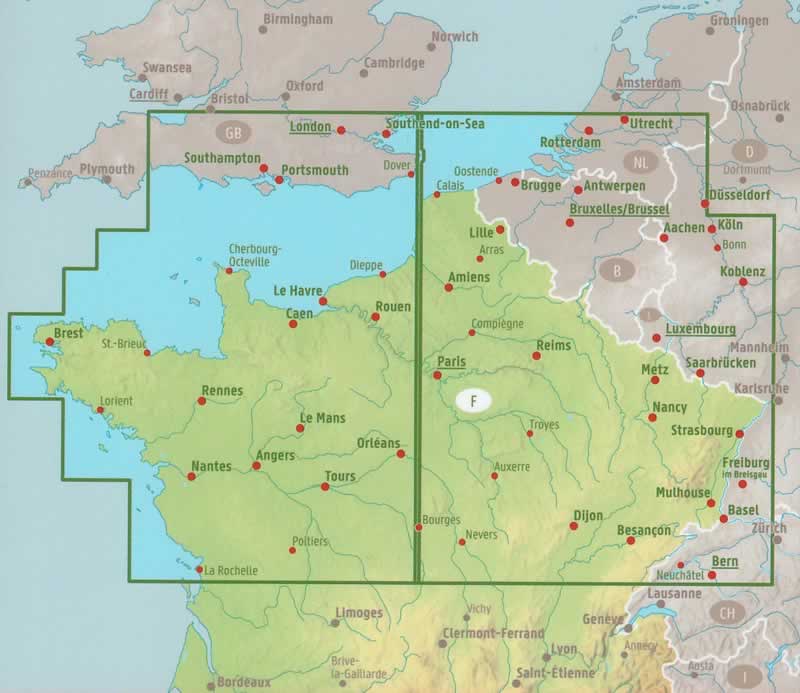 immagine di mappa stradale mappa stradale Francia Nord - mappa stradale - con Paris/Parigi, Reims, Metz, Nancy, Dijon, Troyes, Amiens, Calais, Le Havre, Rouen, Caen, Mont-Saint-Michel, Rennes, Le Mans, Tours, Bourges, Poitiers, Nantes, Lorient, Brest