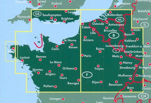 immagine di mappa stradale mappa stradale Francia Nord - mappa stradale - con Paris/Parigi, Reims, Metz, Nancy, Dijon, Troyes, Amiens, Calais, Le Havre, Rouen, Caen, Mont-Saint-Michel, Rennes, Le Mans, Tours, Bourges, Poitiers, Nantes, Lorient, Brest - edizione 2022