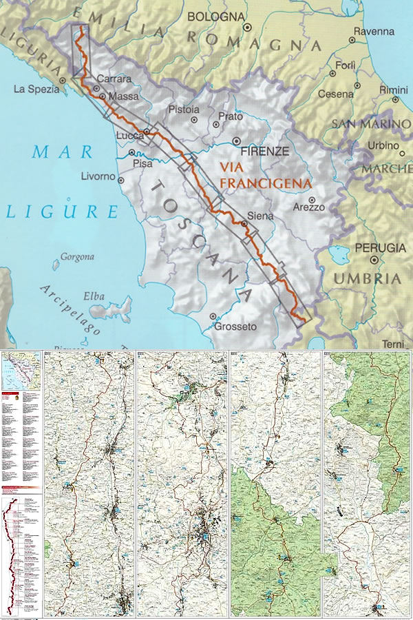immagine di mappa topografica mappa topografica La Via Francigena in Toscana - Passo della Cisa, Pontremoli, Aulla, Sarzana, Massa, Camaiore, Lucca, Altopascio, San Miniato, Gambassi Terme, San Gimignano, Colle di Val d'Elsa, Monteriggioni, Siena, Ponte d'Arbia, San Quirico d'Orcia, Abbadia S. Salvatore, Radicofani, Acquapendente - carta escursionistica dei sentieri - con reticolo UTM compatibile con GPS - EDIZIONE 2024