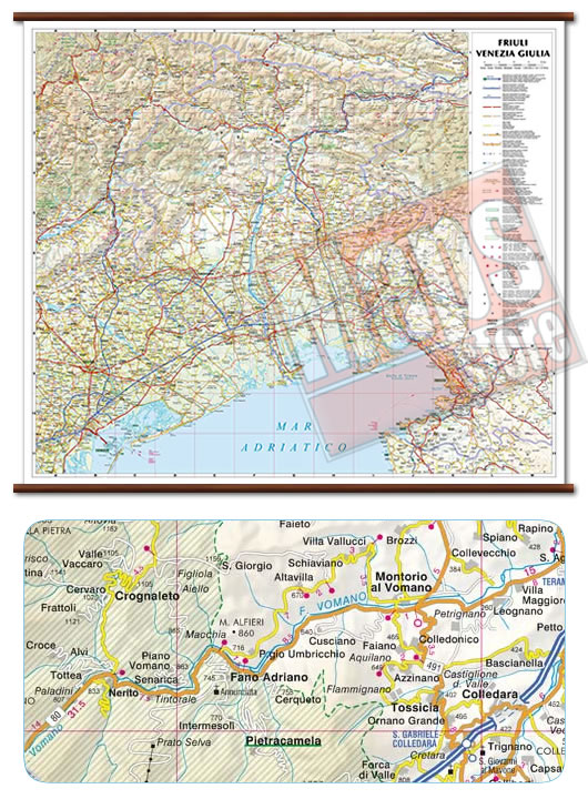 immagine di mappa murale mappa murale Friuli Venezia Giulia - mappa murale con cartografia dettagliata ed aggiornata - plastificata, con eleganti aste in legno - 72 x 63 cm - nuova edizione