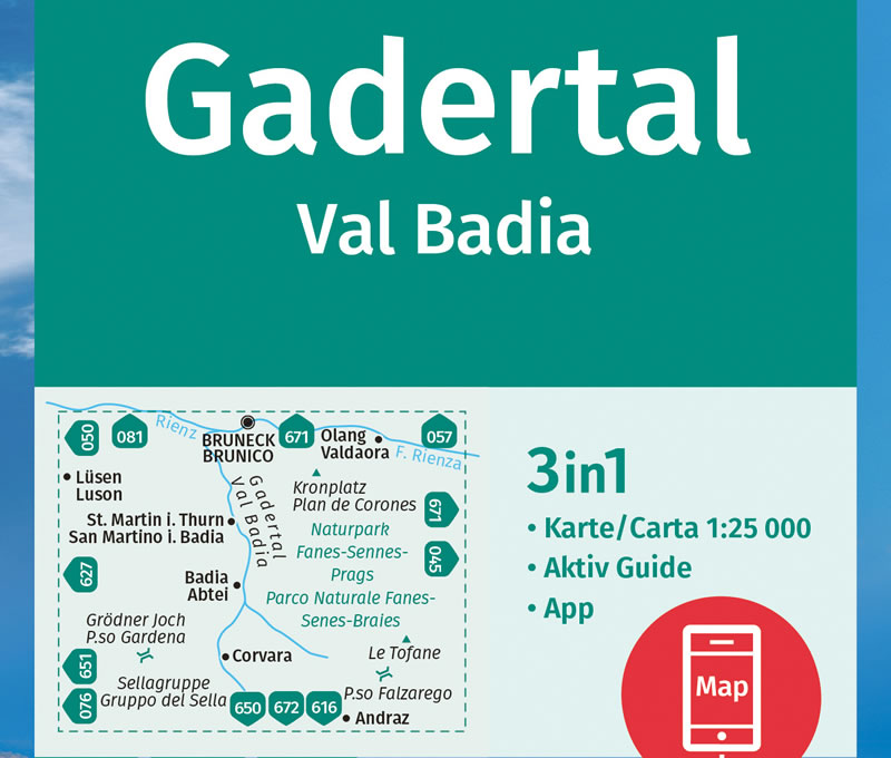 immagine di mappa topografica mappa topografica Gadertal / Val Badia - Corvara, Passo Gardena, Gruppo del Sella, San Martino, Luson, Brunico, Valdaora, Pian de Corones, Parco Naturale Fanes-Senes-Braies, Le Tofane, Passo Falzarego - mappa Kompass n.51 - mappa escursionistica, plastificata, compatibile con GPS - nuova edizione