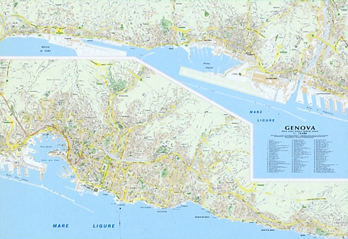 immagine di mappa di città mappa di città Genova - mappa di città con ingrandimento del centro, zone industriali ed elenco delle strade - Edizione Settembre 2023