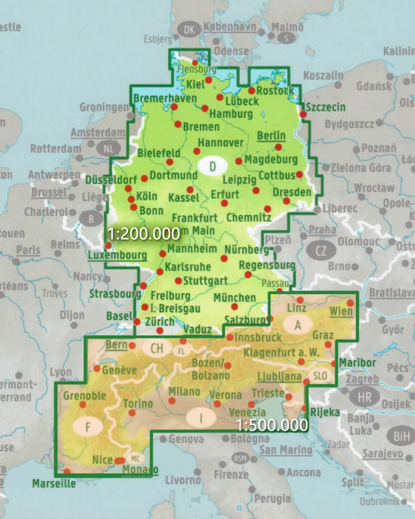 immagine di atlante stradale atlante stradale Germania, Austria, Svizzera, Italia del Nord - atlante stradale a spirale - con percorsi panoramici, campeggi, parchi e riserve naturali - EDIZIONE 2025