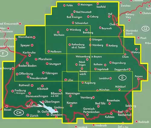 immagine di mappa stradale mappa stradale Germania Sud - con Baviera e Baden-Wurttemberg, Monaco, Ulm - set di 3 mappe stradali
