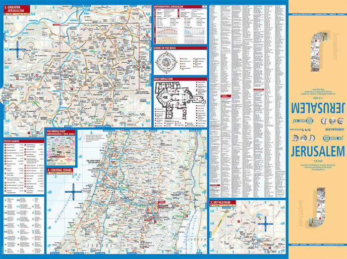 immagine di mappa di città mappa di città Gerusalemme / Jerusalem - con dettaglio del centro storico e dintorni, Betlemme, Santo Sepolcro, Israele centrale - mappa della città plastificata, impermeabile, scrivibile e anti-strappo - dettagliata e facile da leggere, con trasporti pubblici, attrazioni e luoghi di interesse - nuova edizione