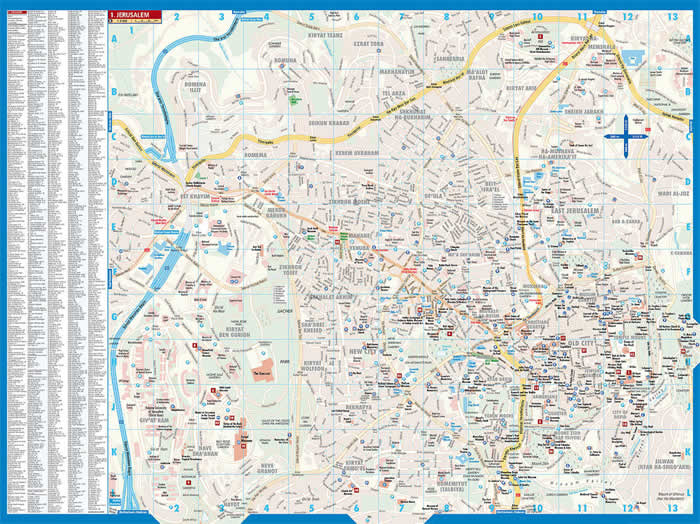 immagine di mappa di città mappa di città Gerusalemme / Jerusalem - con dettaglio del centro storico e dintorni, Betlemme, Santo Sepolcro, Israele centrale - mappa della città plastificata, impermeabile, scrivibile e anti-strappo - dettagliata e facile da leggere, con trasporti pubblici, attrazioni e luoghi di interesse - nuova edizione