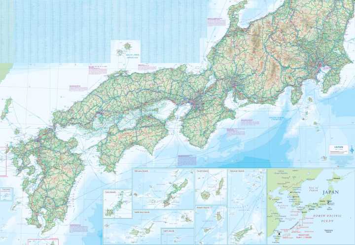 immagine di mappa stradale mappa stradale Giappone / Japan - con Hokkaido, Honshu, Shikoku, Kyushu, Okinawa, isole Ryukyu - mappa impermeabile e antistrappo - nuova edizione