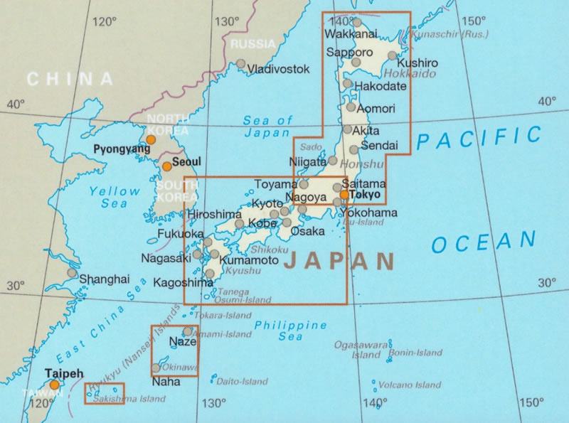 immagine di mappa stradale mappa stradale Giappone / Japan - con Hokkaido, Honshu, Shikoku, Kyushu, Okinawa, isole Ryukyu - mappa impermeabile e antistrappo - EDIZIONE 2026